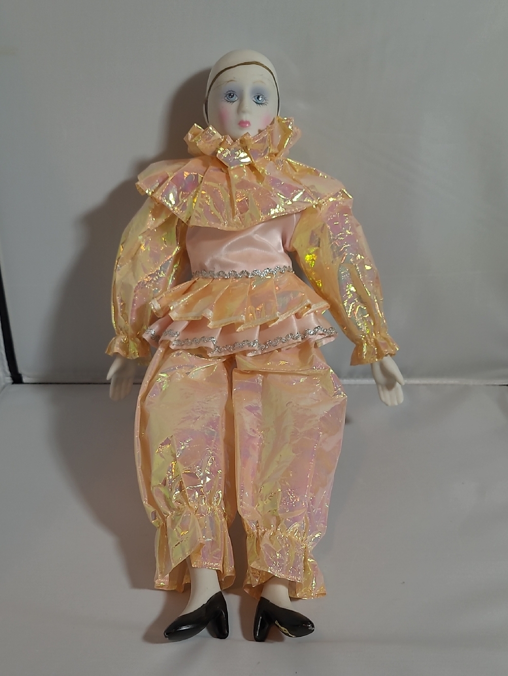 Vintage 1980s Porcelain Clown Doll in Shimmery Peach Costume